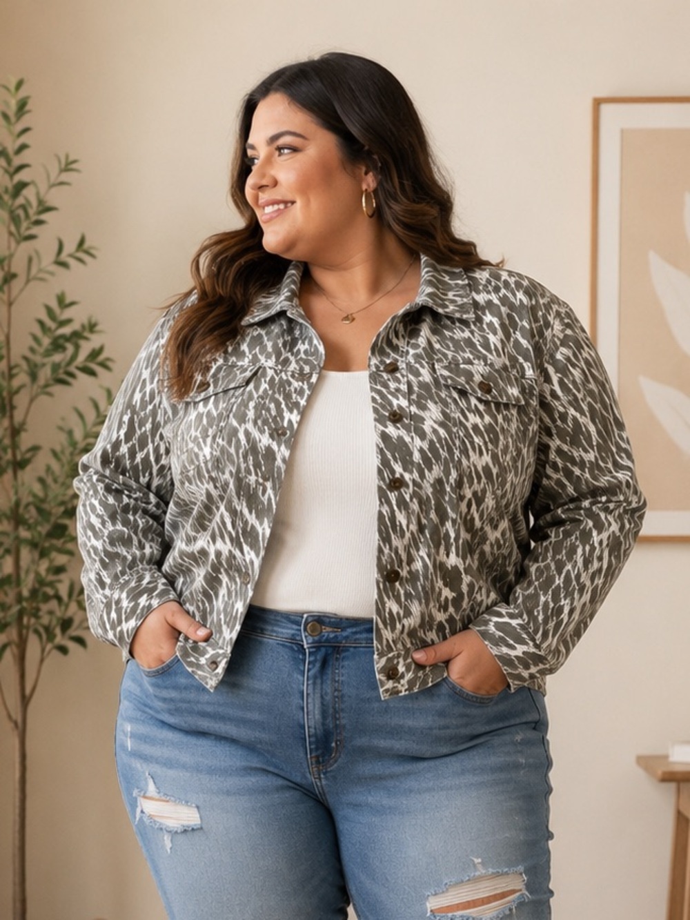 Women's Jessica London Printed Denim Jacket Size
18W Gray & White Statement